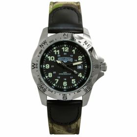 Field & Stream Men's Base Camp Camouflage Genuine Leather Strap Black Dial Watch